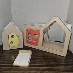 Wooden Dollhouse Set with Red and Yellow Accents